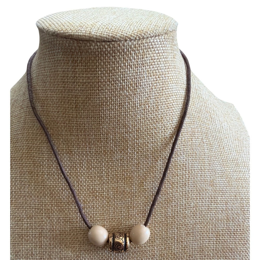 Boho Brown Cord Necklace Gold Tone Filigree Barrel Cream Beads Boho Earth Nautre